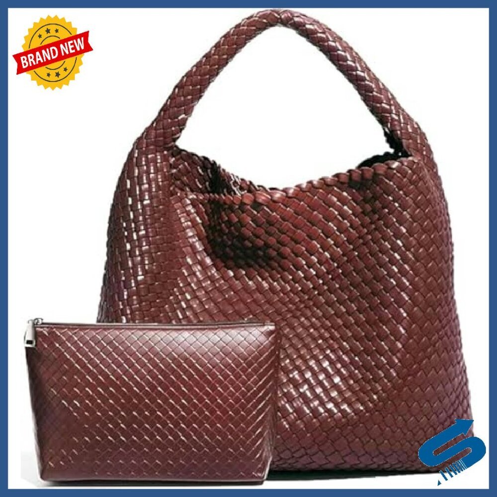 Large Woven Vegan Leather Tote Bag for Women, Handmade Work Commuter Day Bag - Picture 2 of 8
